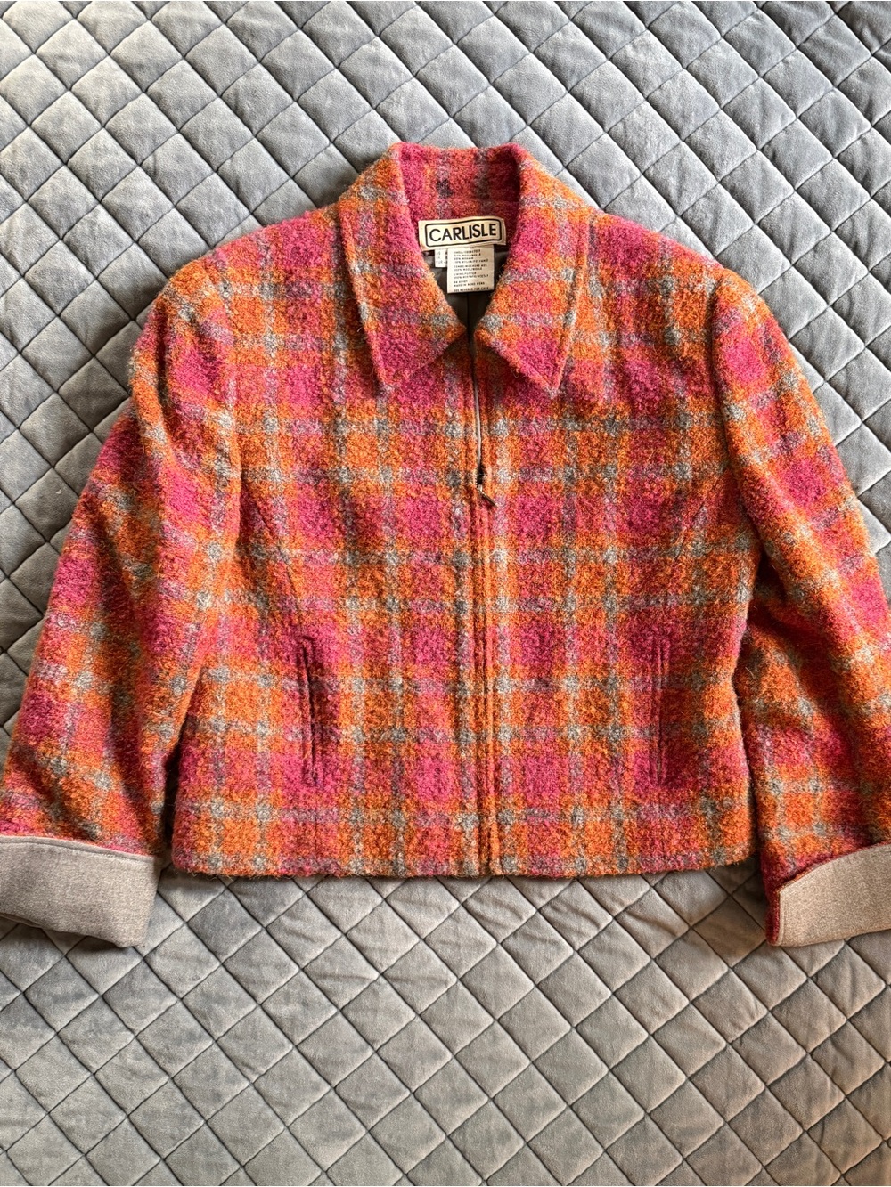 Vintage Carlisle Pink and Orange Plaid Wool Blend Cropped Jacket